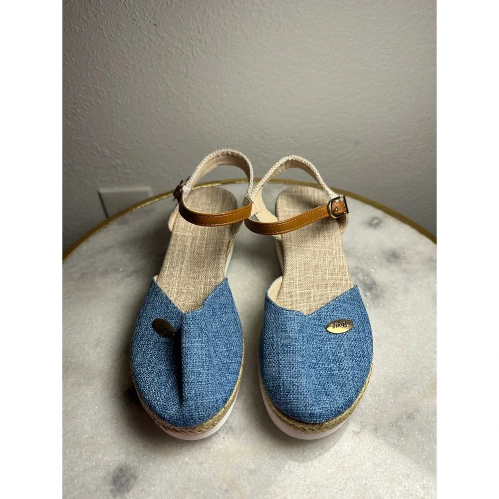 Hong Womens Denim Espadrille Wedge Sandals Blue Platform Ankle Strap